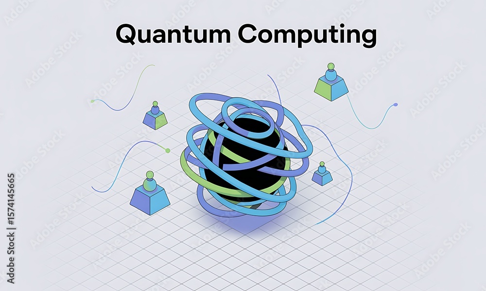Poster quantum computing illustration shows entangled qubits, representing technological advancement, on a 