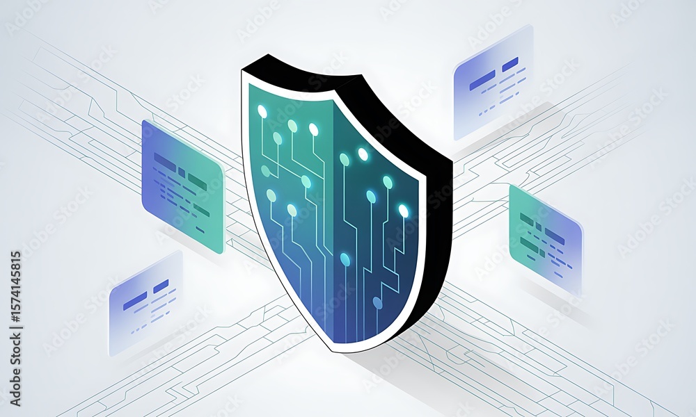 Poster digital shield protects data in a futuristic cybersecurity concept with copy space, showcasing infor