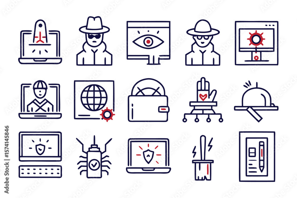Poster collection of stylized graphic symbols representing a clandestine operative using a portable computi