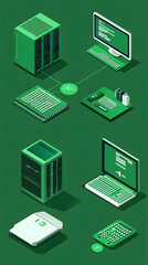 Green isometric illustration of computer network, data transfer, server, desktop, laptop, keyboard, showing data flow and connections.  Use Tech website or blog