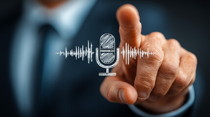 Professional voice recording in progress. A person gestures at a microphone, showing focus and readiness to record in a studio.