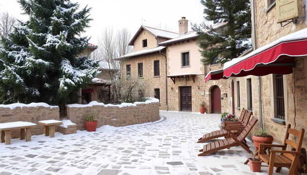 Old European city street with snow-covered historic architecture, a church, and a towering cathedral under a cold winter sky, evoking the spirit of Christmas