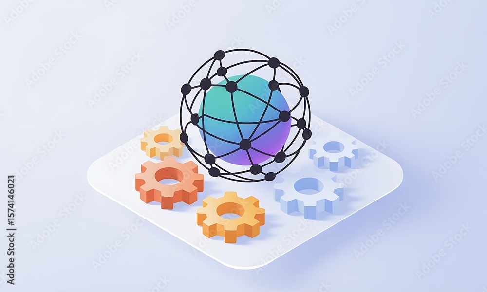 Poster globe network sits atop gears, symbolizing global connectivity and technological solutions with a te