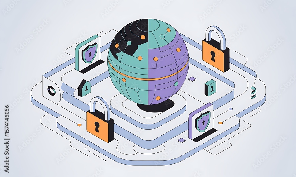 Poster digital globe secures data: isometric view of padlocks protecting a global network for data security