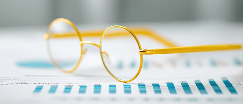 Analyzing business metrics with yellow glasses office environment photography indoor close-up view visual insight - Powered by Adobe