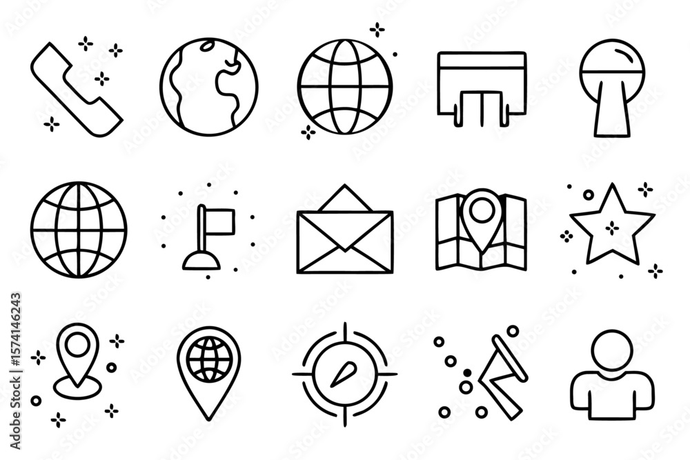 Poster comprehensive collection of business communication and location related symbols featuring essential 