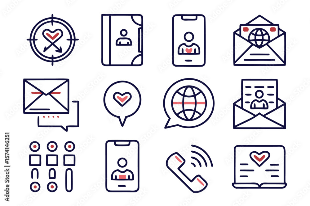 Poster comprehensive collection of communication and social media symbols featuring adjustable line weight 