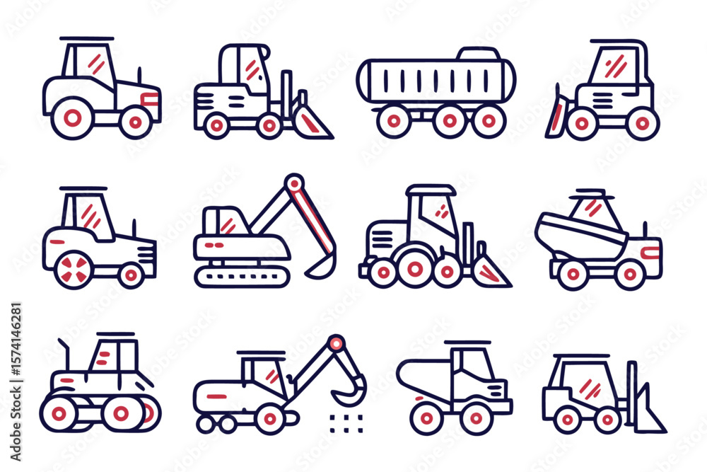 Poster comprehensive collection of essential heavy machinery and building equipment presented as clean mode