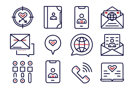 Comprehensive collection of communication and social media symbols featuring adjustable line weight for versatile digital and print applications