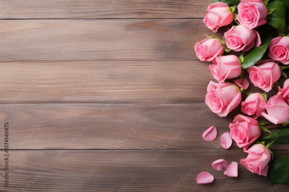 Poster pink roses and petals creating a border on a rustic wooden table with copy space