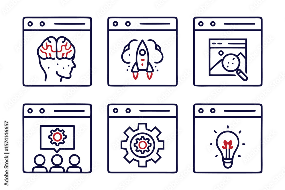 Poster a comprehensive collection of modern line style web interface symbols representing creativity innova
