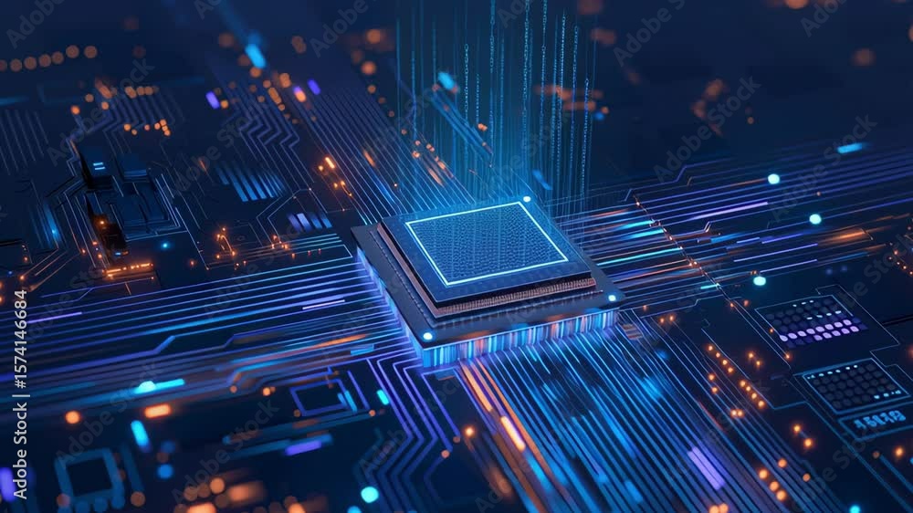 Poster a computer chip is shown in a blue and purple color scheme. the chip is surrounded by a network of w