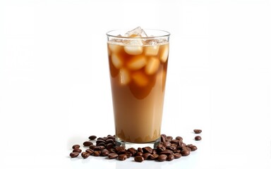 Iced coffee in glass with ice cubes and coffee beans on white. Perfect for menus, websites, or advertising refreshing summer drinks. High quality