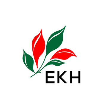 EKH Abstract Botanical Logo with Elegant Typography, EKH Later Logo, Modern Nature Inspired Logo with Red and Green Leaves.
