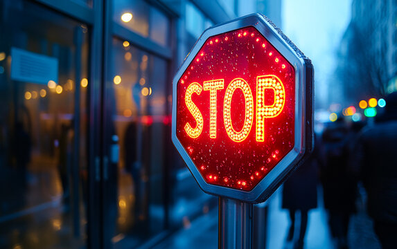 Bright stop sign lights up urban street. A bright red stop sign stands tall on a city street in the evening, illuminated against a bustling backdrop.