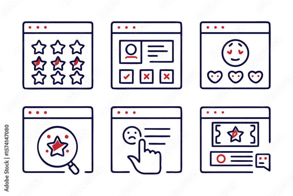 Poster collection of modern line art symbols representing customer feedback satisfaction levels and user ex