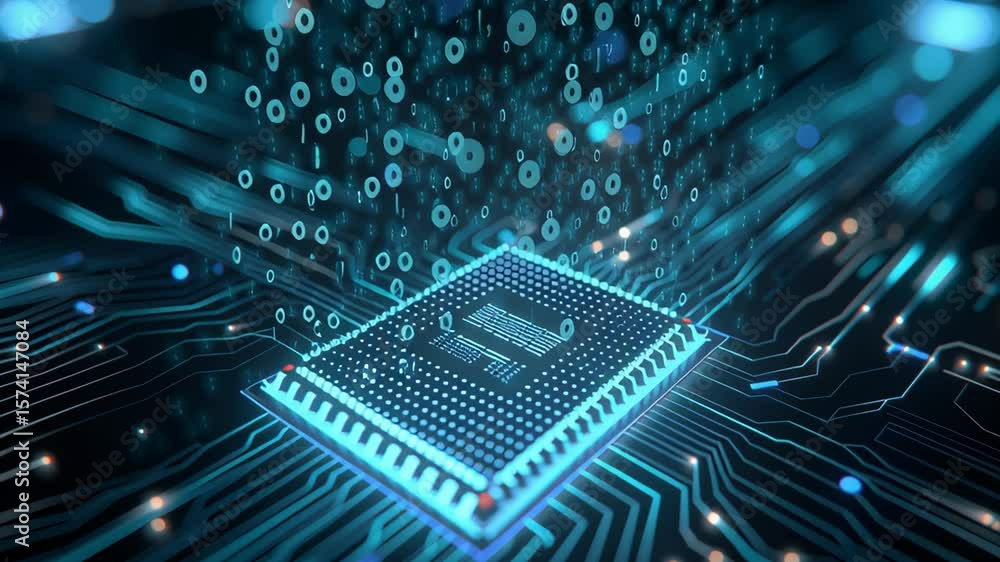 Poster a computer chip is shown in a blue and white color scheme. the chip is surrounded by a blue backgrou