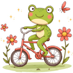 Cute cartoon frog riding a red bicycle among flowers and butterflies. Fun spring or summer illustration for kids, whimsical clipart PNG with transparent background
