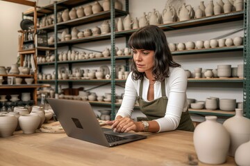 A female potter works on her laptop in her pottery studio