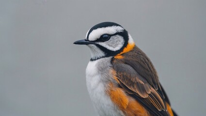 A close-up portrait of a strikingly patterned bird with black, white, and orange plumage, set against a soft, muted background, highlighting its unique beauty