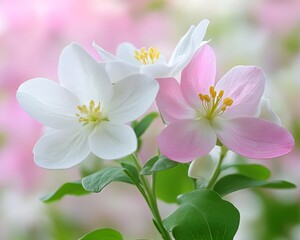 Fototapeta premium Gentle Harmony Close-Up of Spring Blossoms with White, Pink Petals and Yellow Stamens