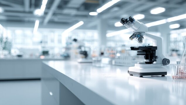Modern lab interior with microscope on table