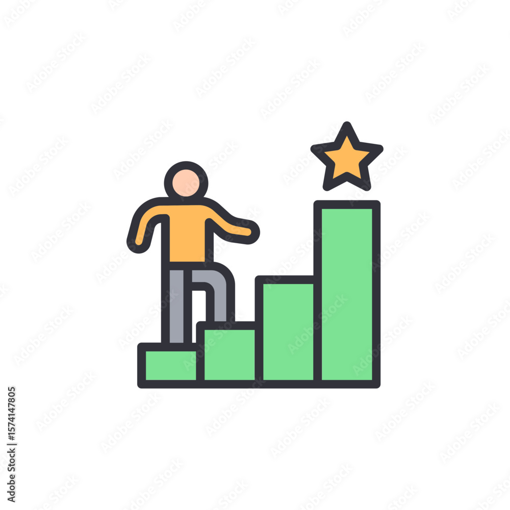 Poster man climbing steps towards star symbol on top of graph chart