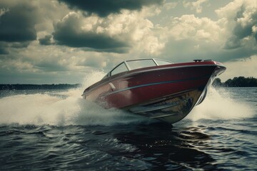 Fototapeta premium Red motorboat speeding and splashing water on a lake under dramatic cloudy sky