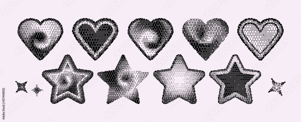Poster pixel art hearts and stars with halftone gradient effects made of black dots. retro game graphics co