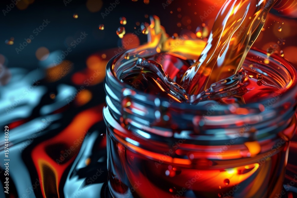 Aufkleber orange viscous liquid pouring into glass jar creating splashes and ripples on reflective surface wit
