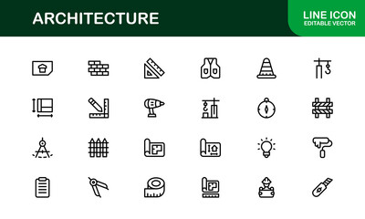 Architecture and Building Line Icon Set – Modern Professional Vector Icon Collection for Architects and Construction Design Projects