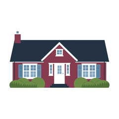 Flat Vector Illustration of a Red Brick House with Garden and Shutters – Modern Suburban Home Design

