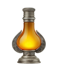 Amber-hued decorative bottle with ornate silver accents