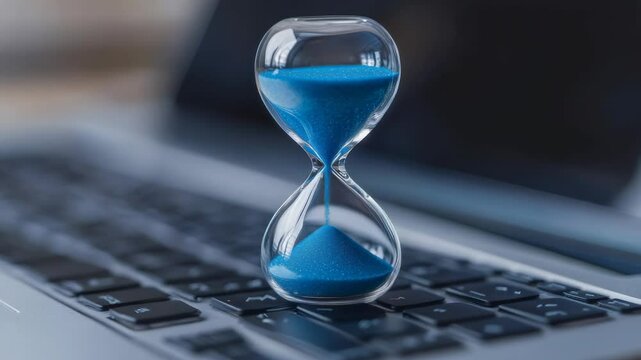 Hourglass with blue sand sits on a laptop keyboard, symbolizing the passage of time, deadlines, and the importance of time management in a fast paced work environment