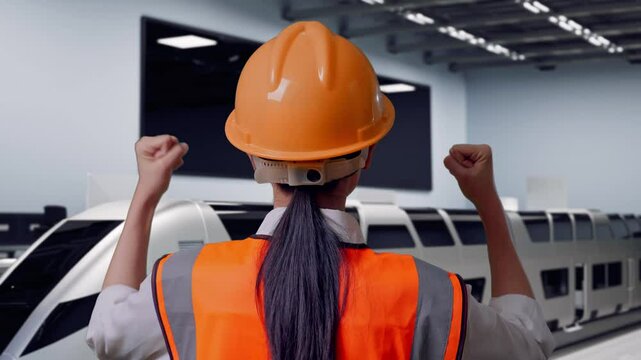 Close Up Back View Of A Female Engineer With Safety Helmet Raising Her Hands Celebrating While Working, Futuristic High Speed Train in a Modern Testing Facility