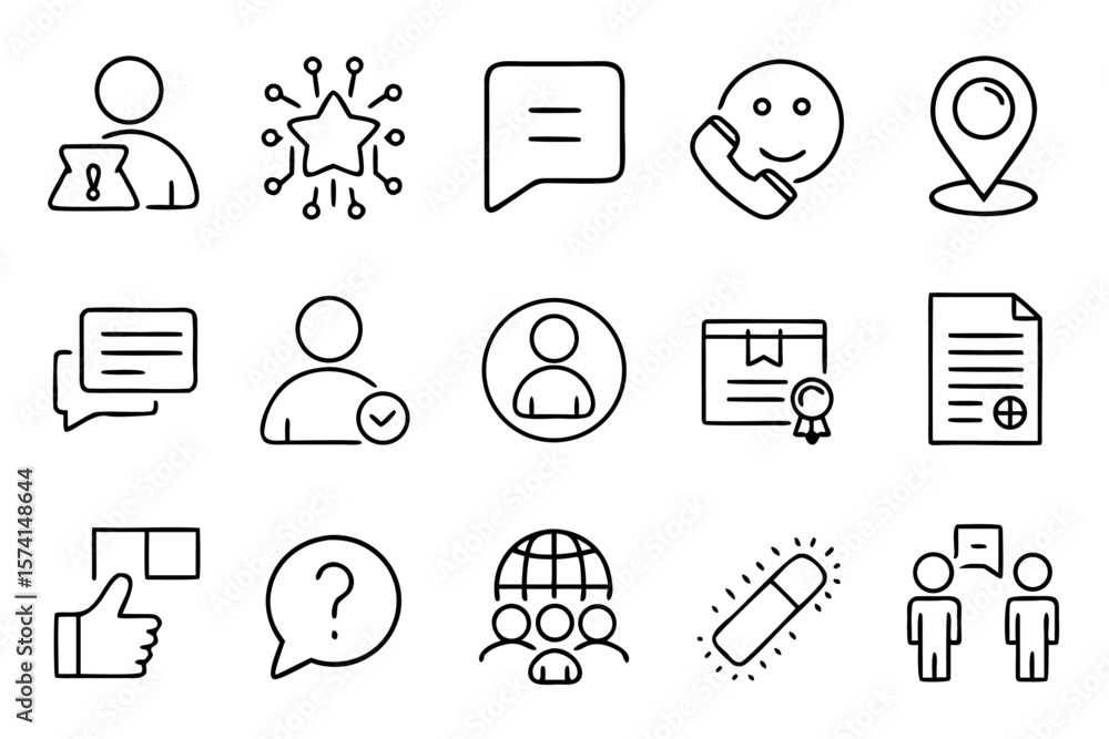 Poster comprehensive customer support and information gathering symbol collection featuring essential commu