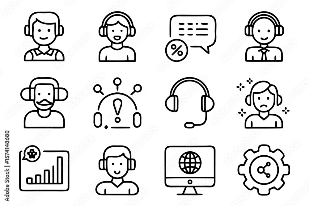Poster comprehensive collection of clean minimalist line art symbols representing various aspects of custom