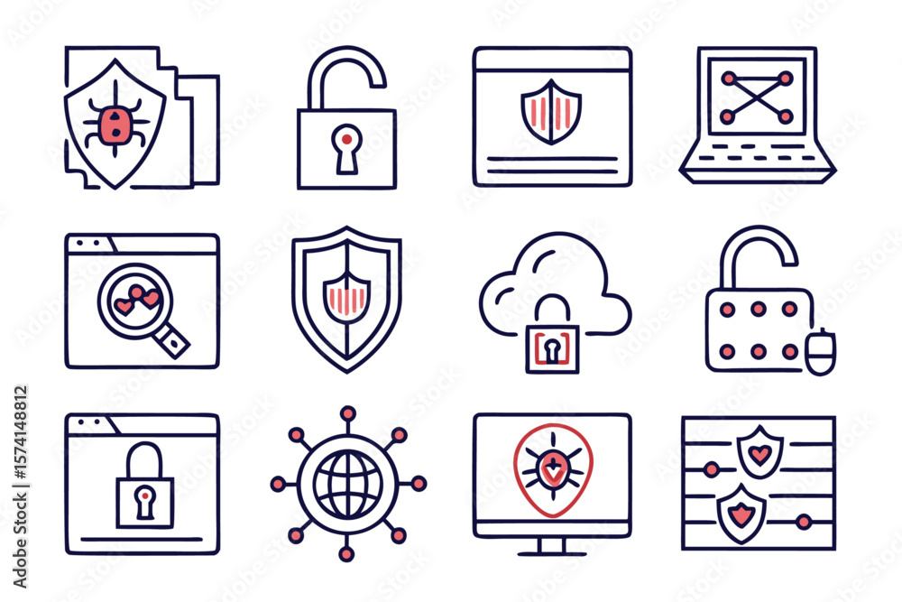 Poster collection of twelve minimalist thin line art symbols representing essential cybersecurity concepts 