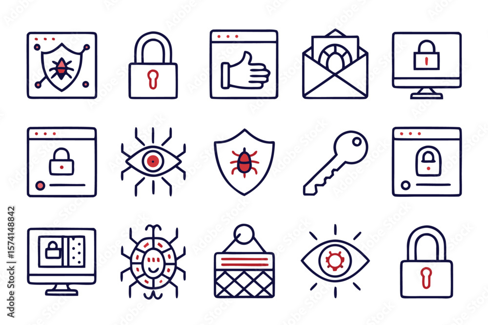 Poster comprehensive collection of digital security and network protection symbols presented in a clean mod
