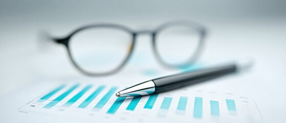 Data visualization analysis office environment image of pen and glasses focused perspective business insights for enhanced productivity