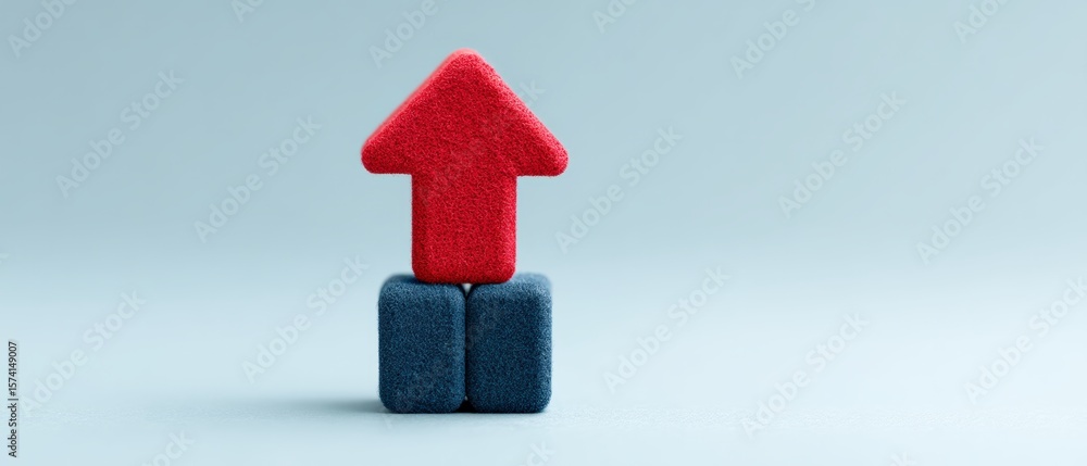 Poster building growth red arrow on blue blocks minimalist design abstract concept studio setting close-up 