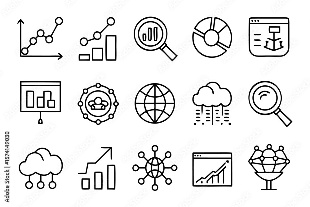 Poster comprehensive collection of clean modern line style icons representing various aspects of web data a
