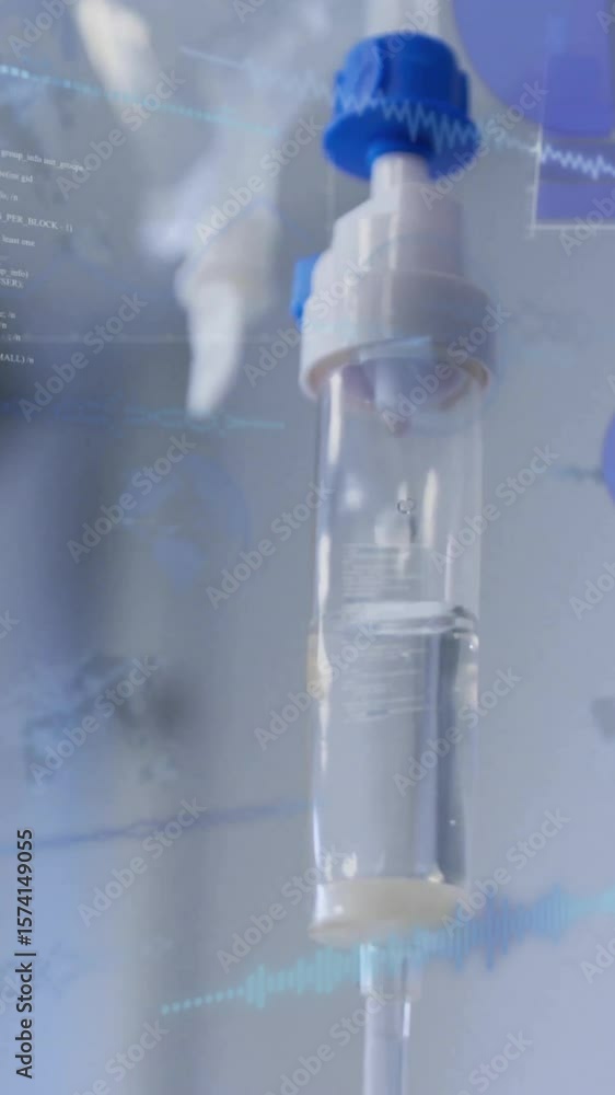 Poster animation of data processing and diagrams over drip in hospital