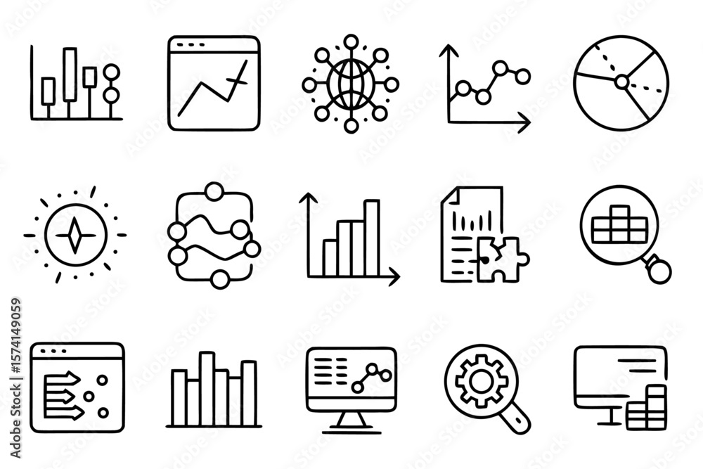 Poster comprehensive collection of line style web icons for data analysis featuring essential elements for 