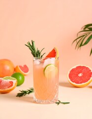 Refreshing grapefruit cocktail in a textured glass with rosemary, lime, and grapefruit slice, set against a soft peach background with scattered citrus fruits.