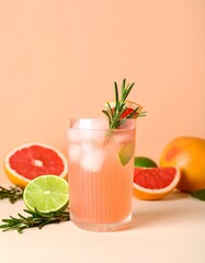 Refreshing grapefruit cocktail in a textured glass with rosemary, lime, and grapefruit slice, set against a soft peach background with scattered citrus fruits.