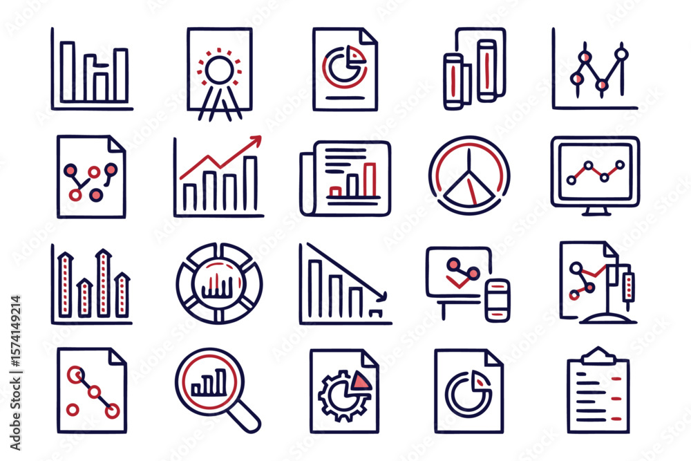 Poster comprehensive collection of editable stroke symbols representing various aspects of data analysis bu