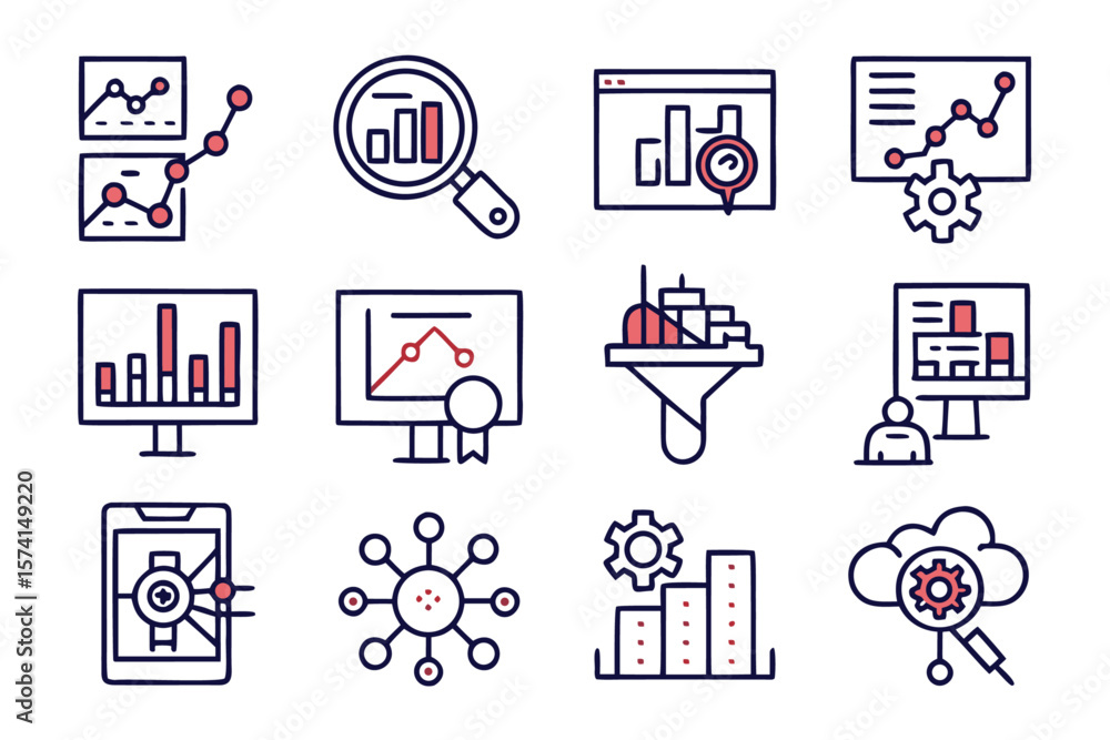 Poster comprehensive minimalist icon collection for data analysis featuring essential symbols for business 