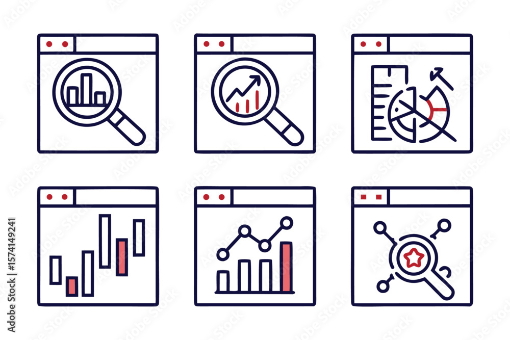 Poster comprehensive data analytics icon collection featuring customizable stroke weights for diverse digit