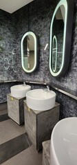 Modern Restroom Interior with Circular Sinks and Stylish Backlit Oval Mirrors